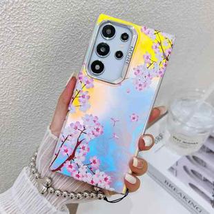 For Samsung Galaxy S24 Ultra 5G Electroplating Laser Flower Phone Case with Wrist Strap(Peach Blossom AH4)