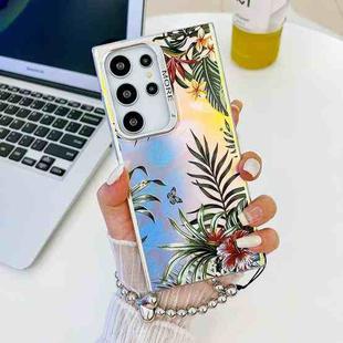 For Samsung Galaxy S24 Ultra 5G Electroplating Laser Flower Phone Case with Wrist Strap(Leaves AH12)