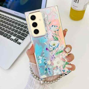 For Samsung Galaxy S24+ 5G Electroplating Laser Flower Phone Case with Wrist Strap(Blue Flower AH8)