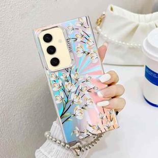 For Samsung Galaxy S24 5G Electroplating Laser Flower Phone Case with Wrist Strap(Pear Blossom AH17)