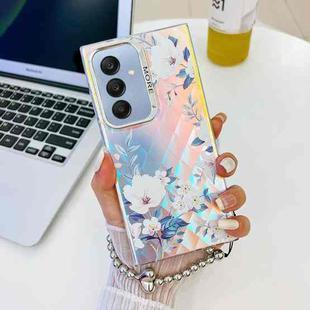 For Samsung Galaxy A25 5G Electroplating Laser Flower Phone Case with Wrist Strap(White Flower AH10)