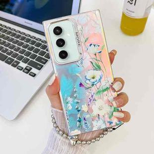 For Samsung Galaxy S23 FE 5G Electroplating Laser Flower Phone Case with Wrist Strap(Blue Flower AH8)