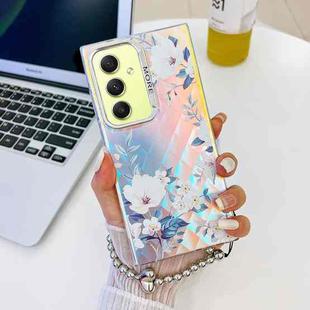 For Samsung Galaxy A34 5G Electroplating Laser Flower Phone Case with Wrist Strap(White Flower AH10)