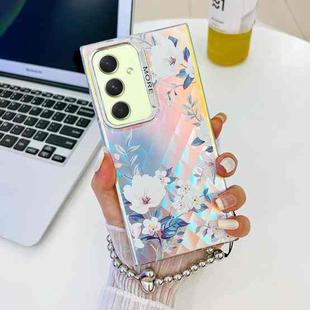 For Samsung Galaxy A54 5G Electroplating Laser Flower Phone Case with Wrist Strap(White Flower AH10)