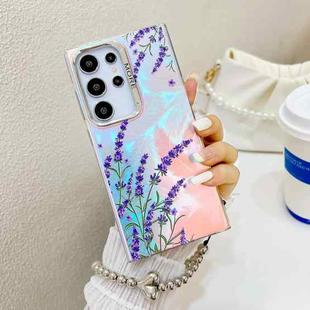 For Samsung Galaxy S23 Ultra 5G Electroplating Laser Flower Phone Case with Wrist Strap(Lavender AH14)
