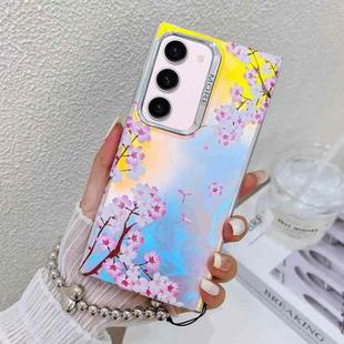 For Samsung Galaxy S23+ 5G Electroplating Laser Flower Phone Case with Wrist Strap(Peach Blossom AH4)