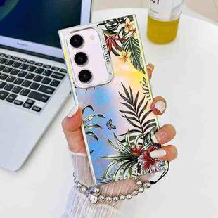 For Samsung Galaxy S23+ 5G Electroplating Laser Flower Phone Case with Wrist Strap(Leaves AH12)