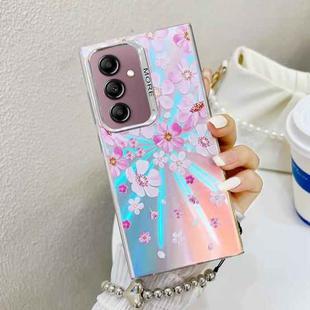 For Samsung Galaxy A14 5G Electroplating Laser Flower Phone Case with Wrist Strap(Pink Flower AH13)