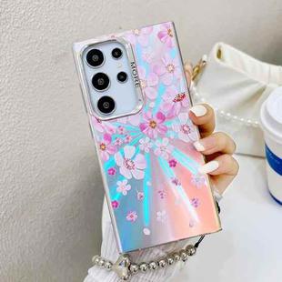 For Samsung Galaxy S22 Ultra 5G Electroplating Laser Flower Phone Case with Wrist Strap(Pink Flower AH13)