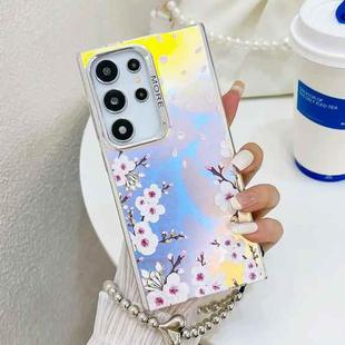 For Samsung Galaxy S22 Ultra 5G Electroplating Laser Flower Phone Case with Wrist Strap(Plum Blossom AH18)