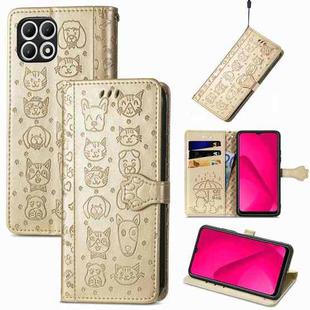 For T-Mobile T Phone 2 Pro 5G Cat and Dog Embossed Leather Phone Case(Gold)