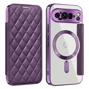 For Google Pixel 9 Pro Shield Magsafe RFID Anti-theft Rhombus Leather Phone Case(Purple)