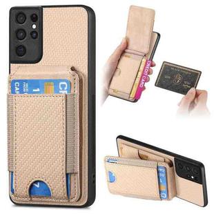 For Samsung Galaxy S21 Ultra 5G Carbon Fiber Vertical Flip Wallet Stand Phone Case(Khaki)