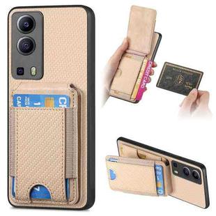 For vivo Y72 5G Carbon Fiber Vertical Flip Wallet Stand Phone Case(Khaki)