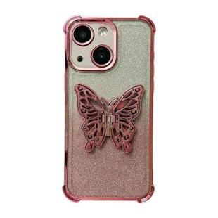 For iPhone 15 Plus Electroplated Glitter 3D Butterfly Four-corner Shockproof TPU Phone Case(Gradient Pink)