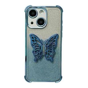 For iPhone 15 Electroplated Glitter 3D Butterfly Four-corner Shockproof TPU Phone Case(Gradient Blue)