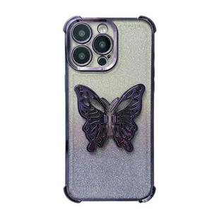 For iPhone 14 Pro Electroplated Glitter 3D Butterfly Four-corner Shockproof TPU Phone Case(Gradient Purple)