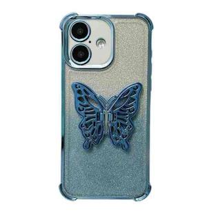 For iPhone 16 Electroplated Glitter 3D Butterfly Four-corner Shockproof TPU Phone Case(Gradient Blue)