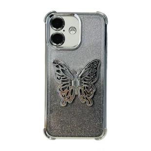 For iPhone 16 Electroplated Glitter 3D Butterfly Four-corner Shockproof TPU Phone Case(Gradient Silver)