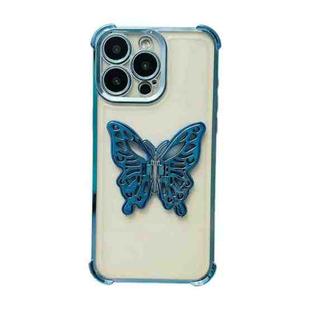 For iPhone 14 Pro Electrpolated 3D Butterfly Holder TPU Phone Case(Blue)