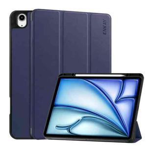 For iPad Air 13 2024 ENKAY Tri-fold Custer Texture TPU Leather Smart Tablet Case with Pen Slot(Dark Blue)