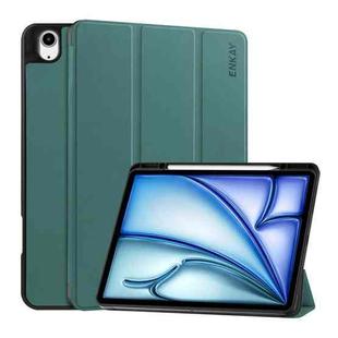 For iPad Air 13 2024 ENKAY Tri-fold Custer Texture TPU Leather Smart Tablet Case with Pen Slot(Dark Green)