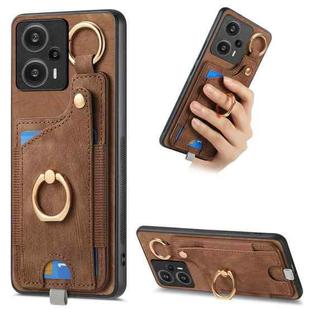 For Redmi Note 12 Turbo Retro Skin-feel Ring Card Bag Phone Case with Hang Loop(Brown)