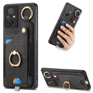 For Redmi 12C Retro Skin-feel Ring Card Bag Phone Case with Hang Loop(Black)