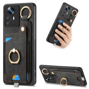 For Xiaomi 12T Pro Retro Skin-feel Ring Card Bag Phone Case with Hang Loop(Black)