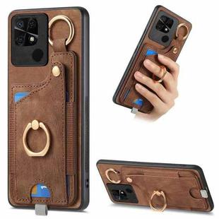 For Redmi 10C Retro Skin-feel Ring Card Bag Phone Case with Hang Loop(Brown)