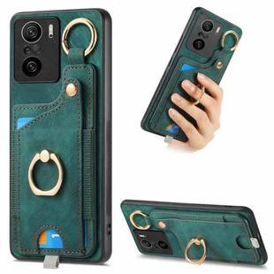 For Redmi K40 Retro Skin-feel Ring Card Bag Phone Case with Hang Loop(Green)