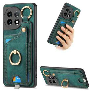 For OnePlus 11 Retro Skin-feel Ring Card Bag Phone Case with Hang Loop(Green)