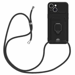 For iPhone 15 Sliding Camshield Magnetic Card Holder Silicone Phone Case with Lanyard(Black)