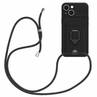 For iPhone 14 Sliding Camshield Magnetic Card Holder Silicone Phone Case with Lanyard(Black)