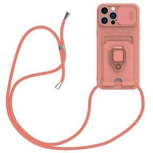 For iPhone 14 Pro Sliding Camshield Magnetic Card Holder Silicone Phone Case with Lanyard(Pink)