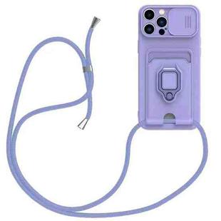 For iPhone 13 Pro Max Sliding Camshield Magnetic Card Holder Silicone Phone Case with Lanyard(Light Purple)