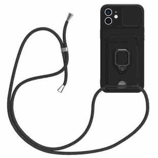 For iPhone 12 Sliding Camshield Magnetic Card Holder Silicone Phone Case with Lanyard(Black)