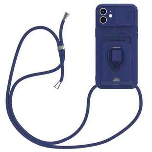 For iPhone 11 Sliding Camshield Magnetic Card Holder Silicone Phone Case with Lanyard(Navy Blue)