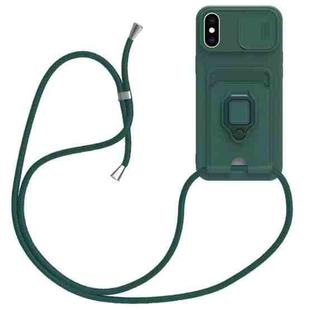 For iPhone XS Max Sliding Camshield Magnetic Card Holder Silicone Phone Case with Lanyard(Dark Night Green)