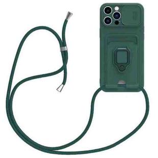 For iPhone 16 Pro Max Sliding Camshield Magnetic Card Holder Silicone Phone Case with Lanyard(Dark Night Green)