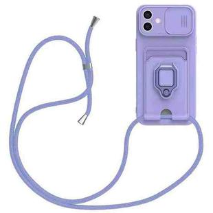 For iPhone 16 Plus Sliding Camshield Magnetic Card Holder Silicone Phone Case with Lanyard(Light Purple)