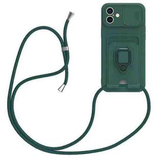 For iPhone 16 Plus Sliding Camshield Magnetic Card Holder Silicone Phone Case with Lanyard(Dark Night Green)