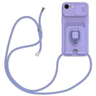 For iPhone 16e Sliding Camshield Magnetic Card Holder Silicone Phone Case with Lanyard(Light Purple)