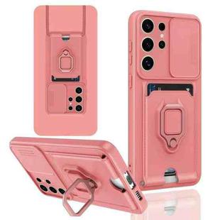 For Samsung Galaxy S24 Ultra 5G Sliding Camshield Magnetic Card Holder Silicone Phone Case(Pink)