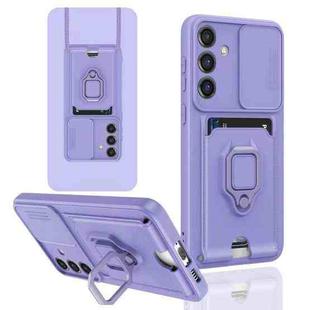 For Samsung Galaxy S24 5G Sliding Camshield Magnetic Card Holder Silicone Phone Case(Light Purple)