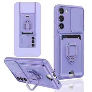 For Samsung Galaxy S23+ 5G Sliding Camshield Magnetic Card Holder Silicone Phone Case(Light Purple)