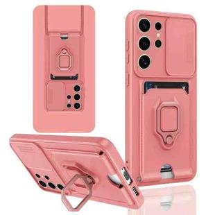 For Samsung Galaxy S22 Ultra 5G Sliding Camshield Magnetic Card Holder Silicone Phone Case(Pink)