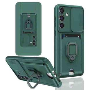 For Samsung Galaxy S25 5G Sliding Camshield Magnetic Card Holder Silicone Phone Case(Dark Night Green)