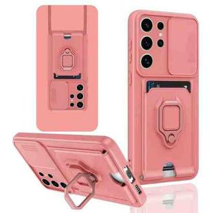 For Samsung Galaxy S25 Ultra 5G Sliding Camshield Magnetic Card Holder Silicone Phone Case(Pink)