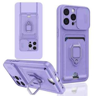 For iPhone 15 Pro Max Sliding Camshield Magnetic Card Holder Silicone Phone Case(Light Purple)
